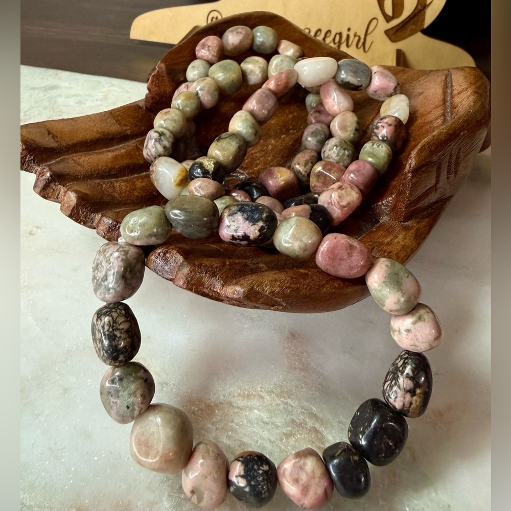 Black Vein Rhodonite Stone of Protective Love Pebble Bead Bracelet